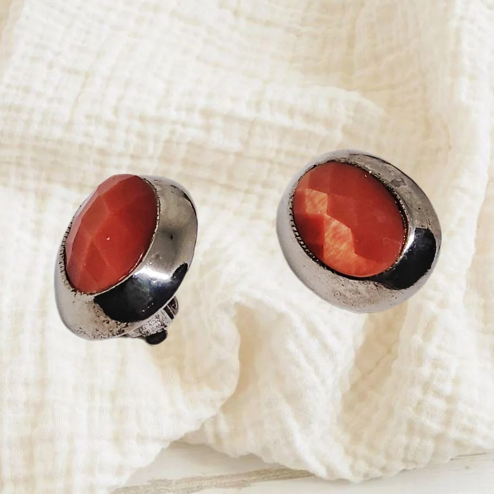 Silver Tone Clip-on Earrings with Orange Faceted Faux Stone
